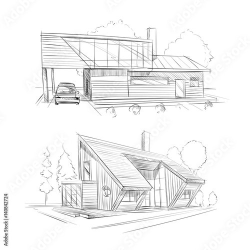 Hand drawn cottage house sketch design set. Vector illustration