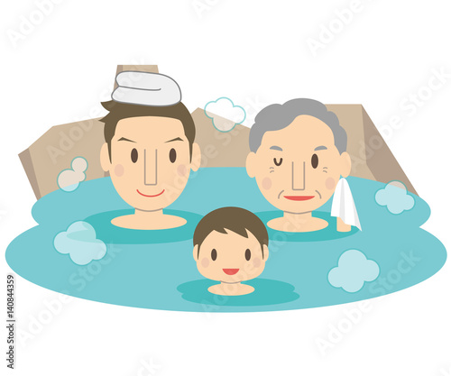 かわいい家族　男湯　温泉　露天風呂　3世代