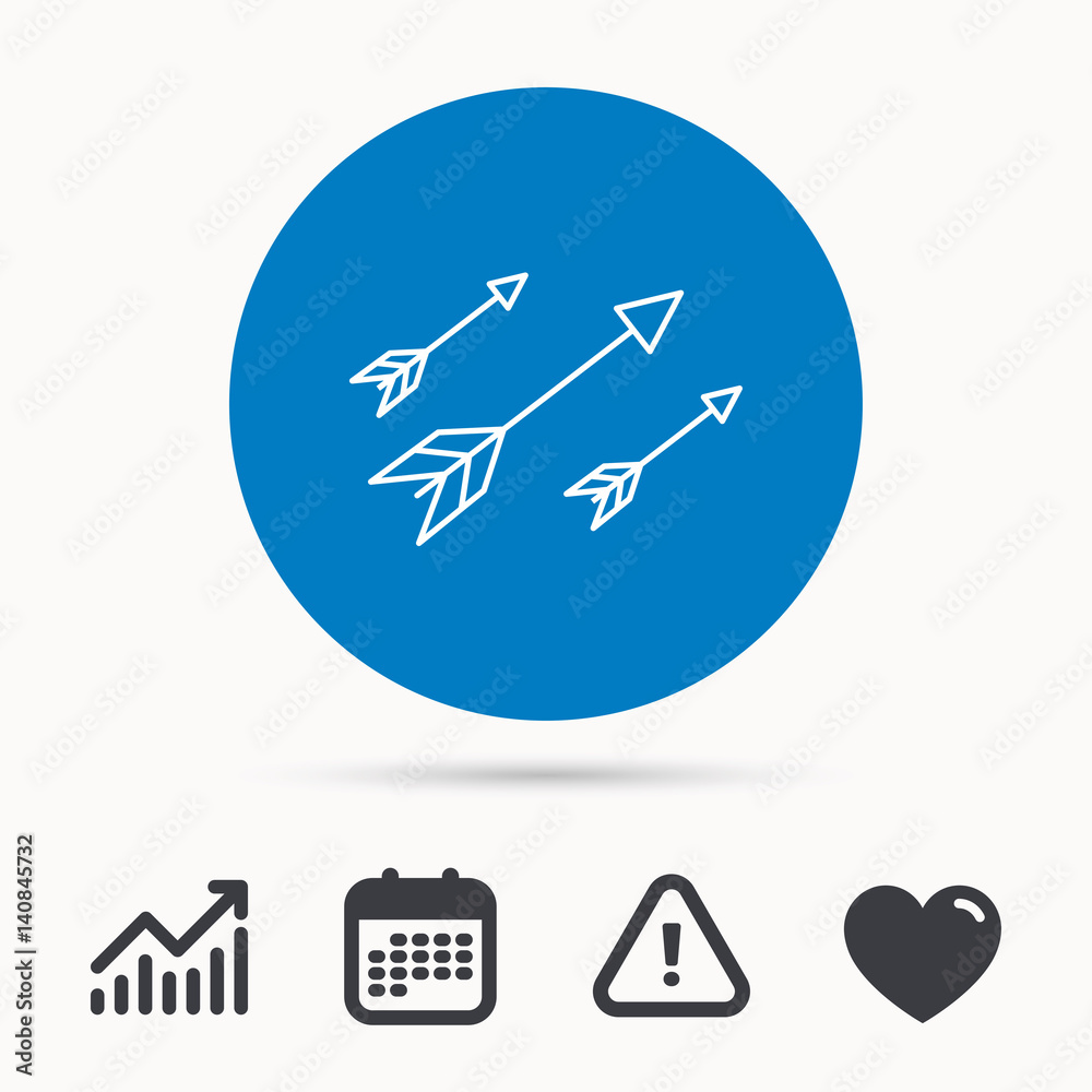 Bow arrows icon. Hunting sport equipment sign. Archer weapon symbol. Calendar, attention sign and growth chart. Button with web icon. Vector Bow arrows icon. Hunting sport equipment sign. Archer weapon symbol. Calendar, attention sign and growth chart. Button with web icon. Vector