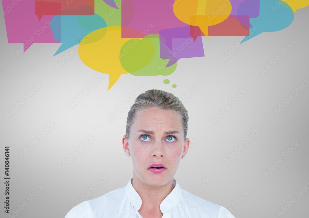 Digital composite image of confused woman with speech bubbles Digital composite image of confused woman with speech bubbles