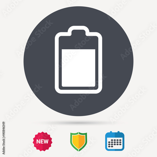 Battery power icon. Charging accumulator symbol. Calendar, shield protection and new tag signs. Colored flat web icons. Vector