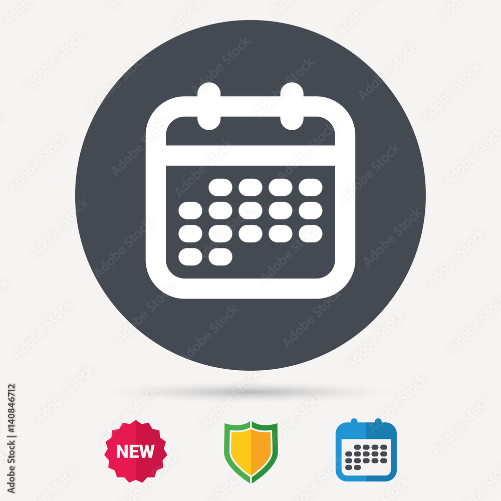 Calendar icon. Events reminder symbol. Calendar, shield protection and new tag signs. Colored flat web icons. Vector Calendar icon. Events reminder symbol. Calendar, shield protection and new tag signs. Colored flat web icons. Vector