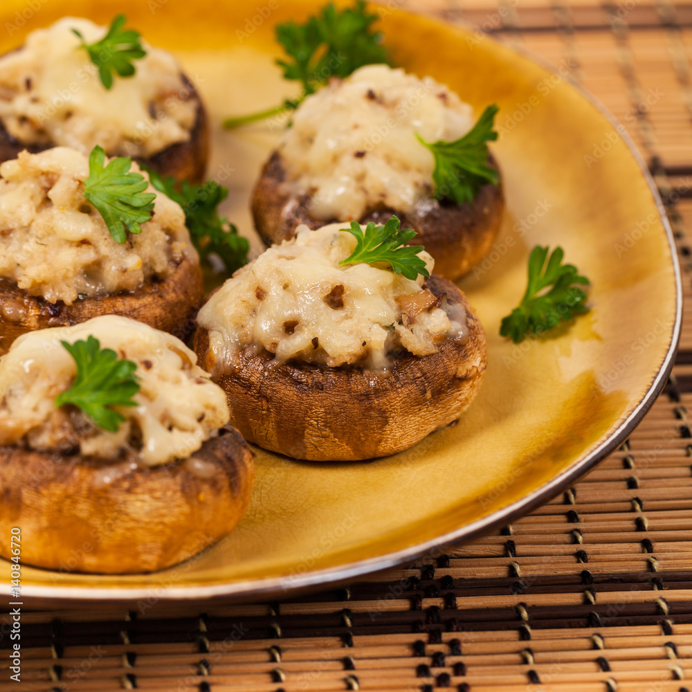 Stuffed Mushrooms with Breadcrumbs and Cheese. Selective focus.