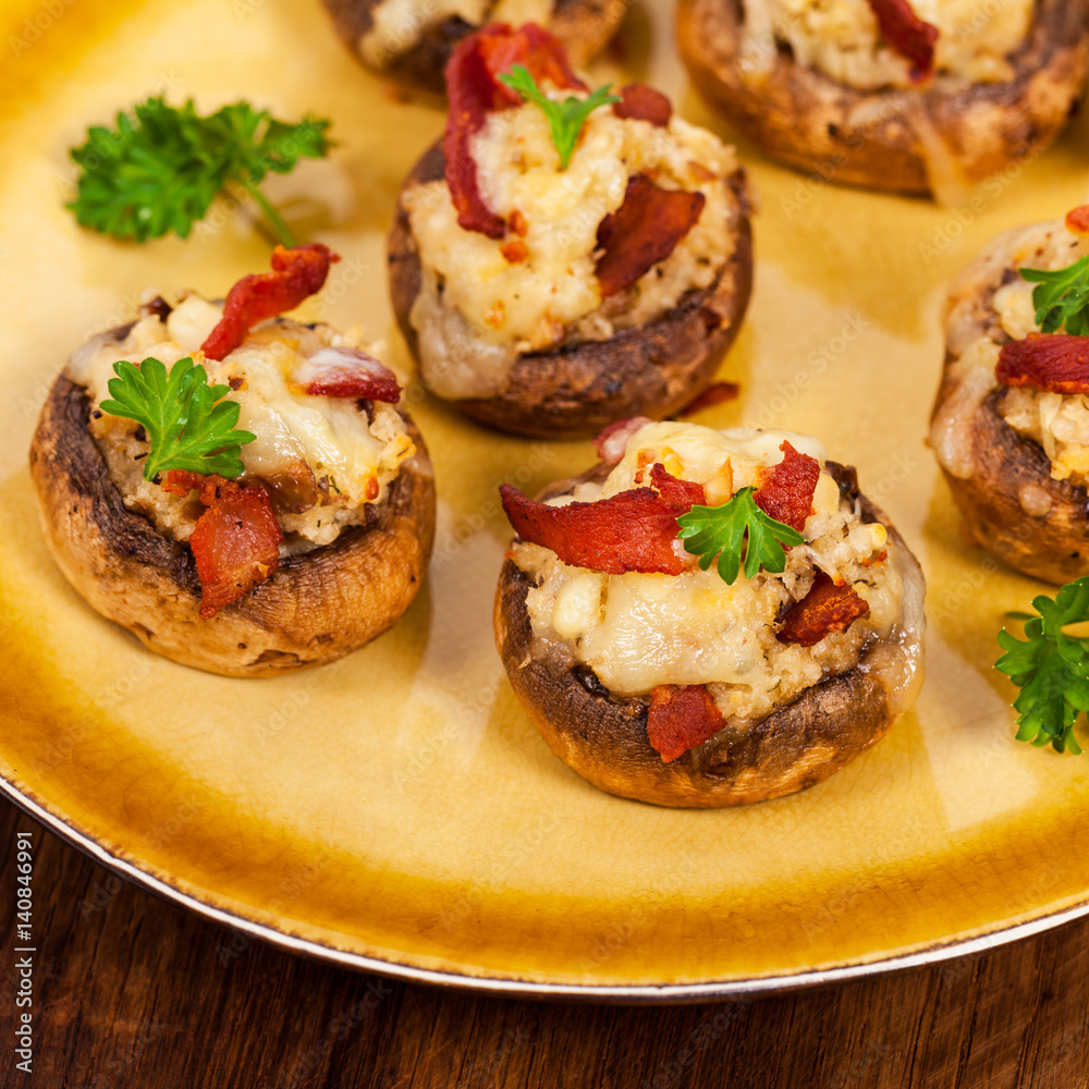 Cheese and Bacon Stuffed Mushroom. Selective focus. Cheese and Bacon Stuffed Mushroom. Selective focus.
