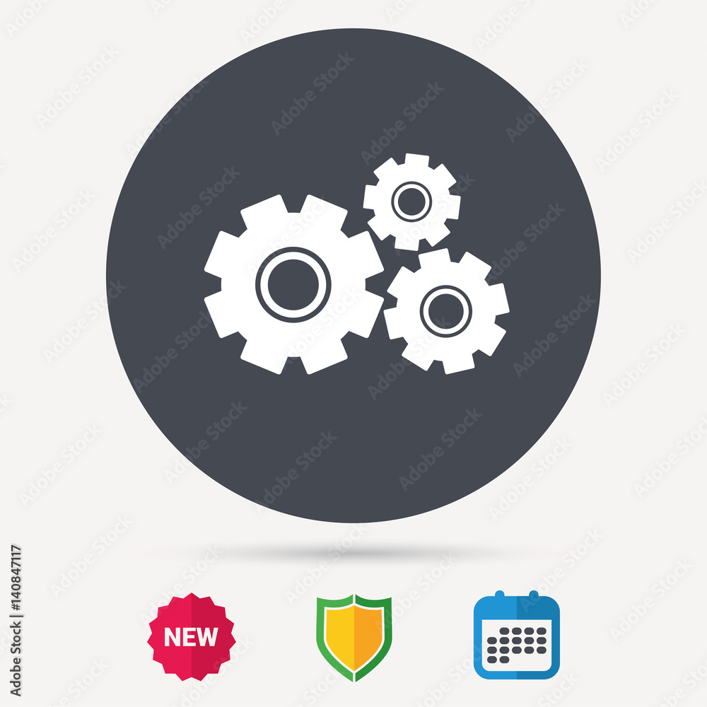 Cogwheels icon. Repair service symbol. Calendar, shield protection and new tag signs. Colored flat web icons. Vector Cogwheels icon. Repair service symbol. Calendar, shield protection and new tag signs. Colored flat web icons. Vector