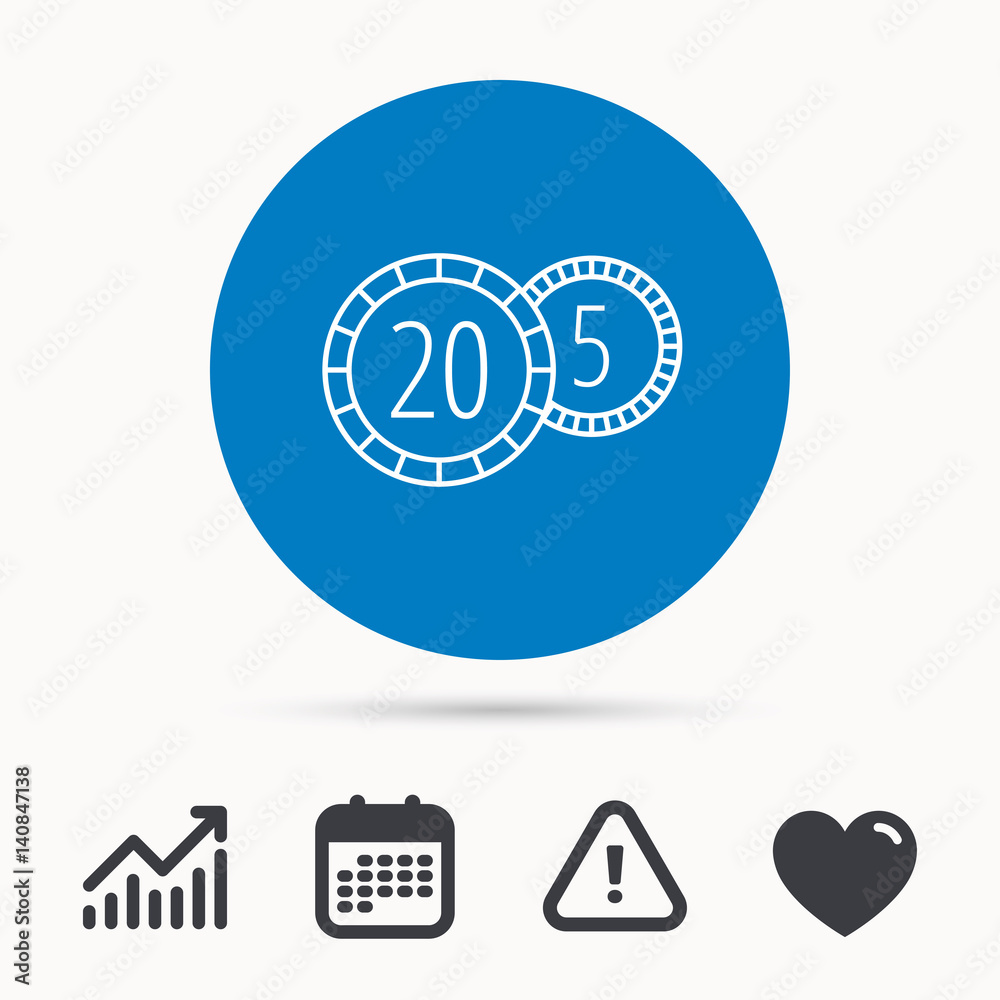 Coins icon. Cash money sign. Bank finance symbol. Twenty and five cents. Calendar, attention sign and growth chart. Button with web icon. Vector Coins icon. Cash money sign. Bank finance symbol. Twenty and five cents. Calendar, attention sign and growth chart. Button with web icon. Vector