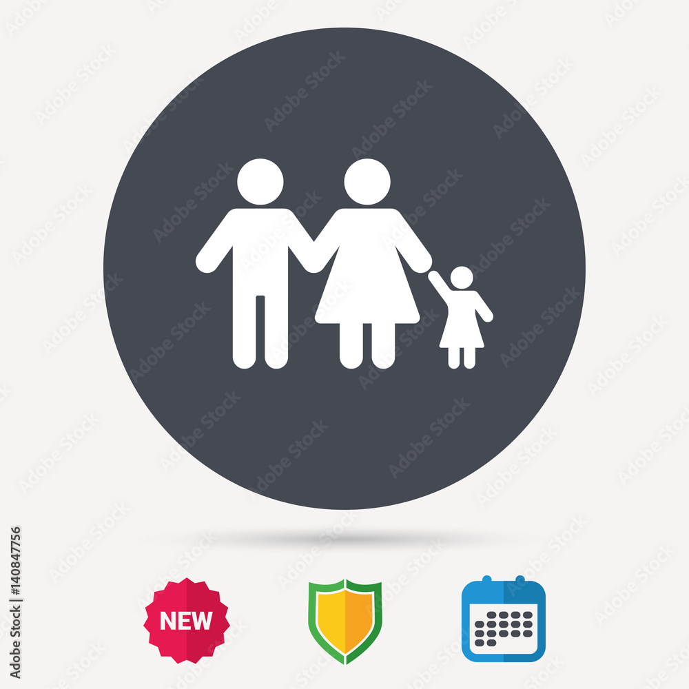 Family icon. Father, mother and child symbol. Calendar, shield protection and new tag signs. Colored flat web icons. Vector