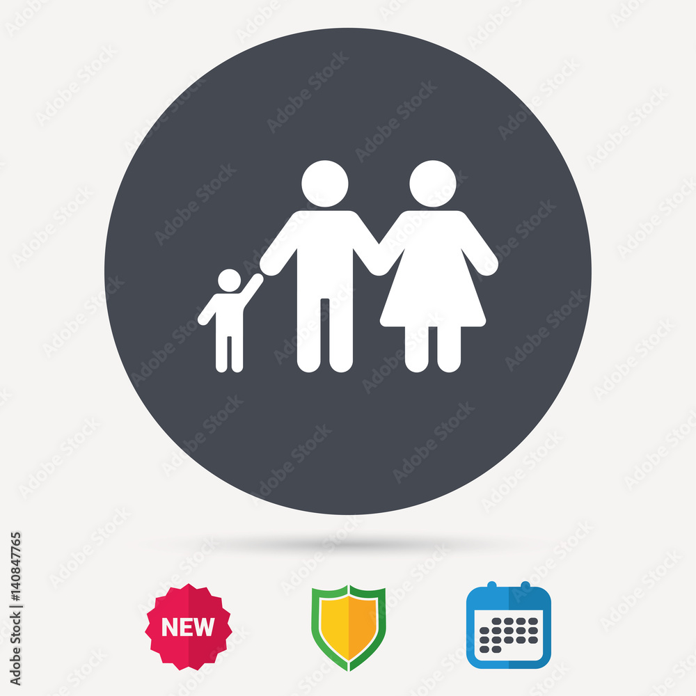 Family icon. Father, mother and child symbol. Calendar, shield protection and new tag signs. Colored flat web icons. Vector Family icon. Father, mother and child symbol. Calendar, shield protection and new tag signs. Colored flat web icons. Vector