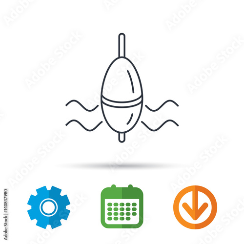Fishing float icon. Bobber in waves sign. Angling symbol. Calendar, cogwheel and download arrow signs. Colored flat web icons. Vector