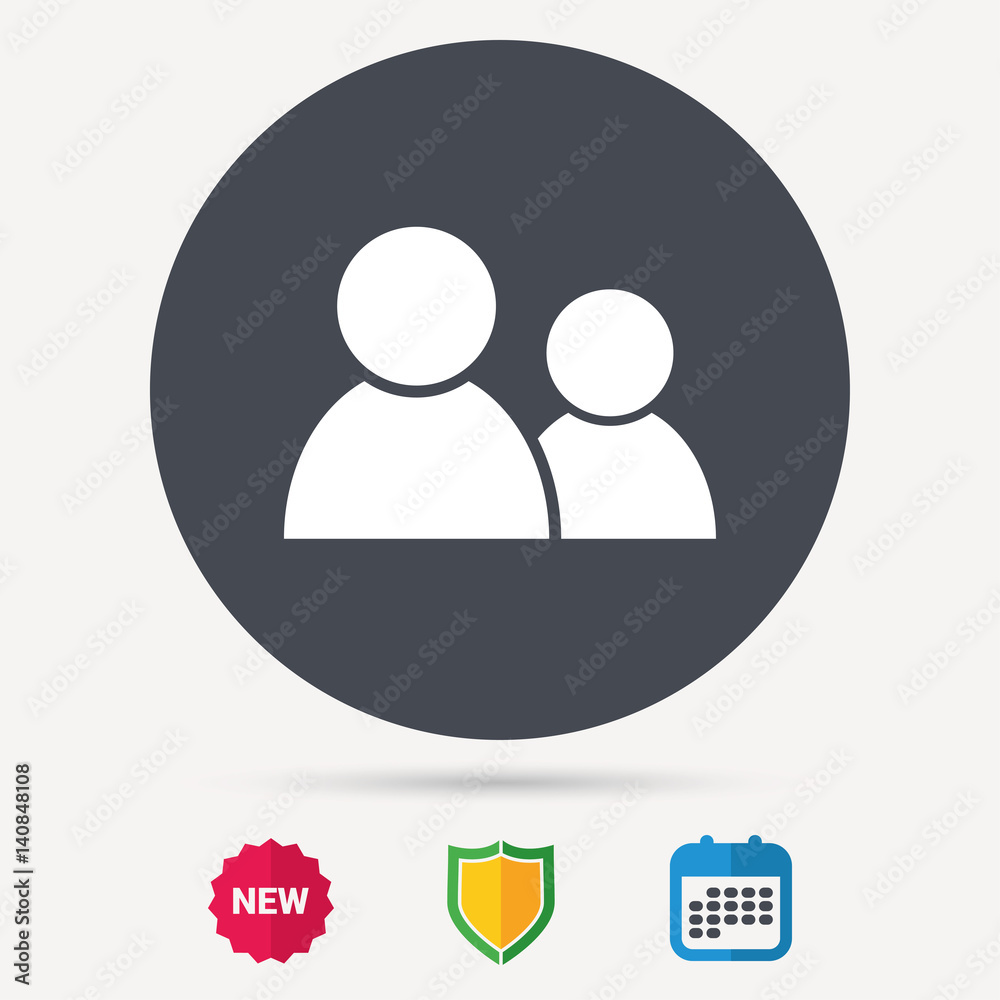 Friends icon. Group of people sign. Communication symbol. Calendar, shield protection and new tag signs. Colored flat web icons. Vector Friends icon. Group of people sign. Communication symbol. Calendar, shield protection and new tag signs. Colored flat web icons. Vector