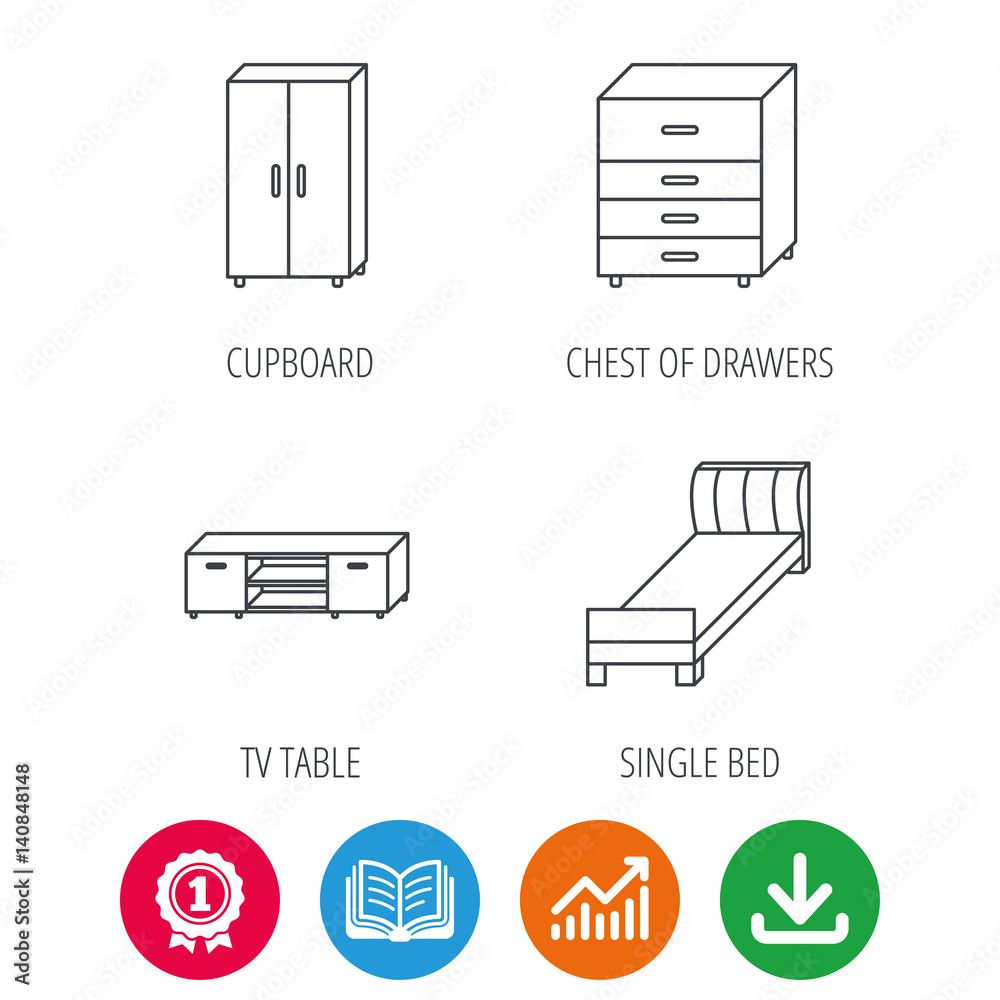 Single bed, TV table and cupboard icons. Chest of drawers linear sign. Award medal, growth chart and opened book web icons. Download arrow. Vector