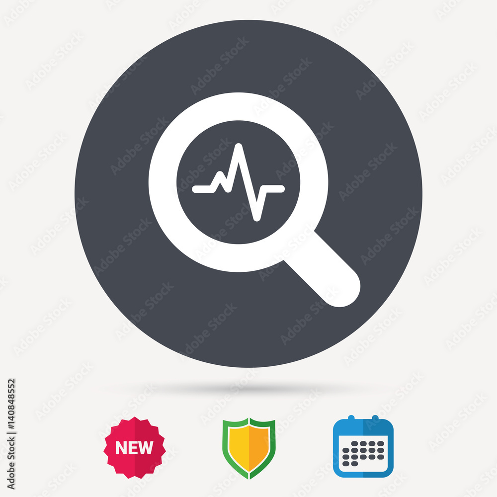 Heartbeat in magnifying glass icon. Cardiology symbol. Medical pressure sign. Calendar, shield protection and new tag signs. Colored flat web icons. Vector Heartbeat in magnifying glass icon. Cardiology symbol. Medical pressure sign. Calendar, shield protection and new tag signs. Colored flat web icons. Vector
