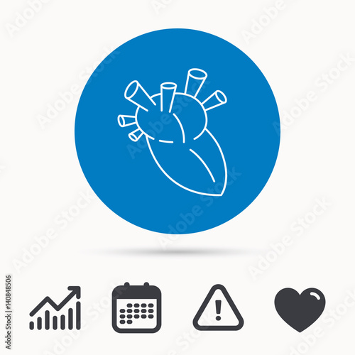 Heart icon. Human organ sign. Surgical transplantation symbol. Calendar, attention sign and growth chart. Button with web icon. Vector