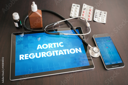 Aortic regurgitation (heart disorder) diagnosis medical concept on tablet screen with stethoscope