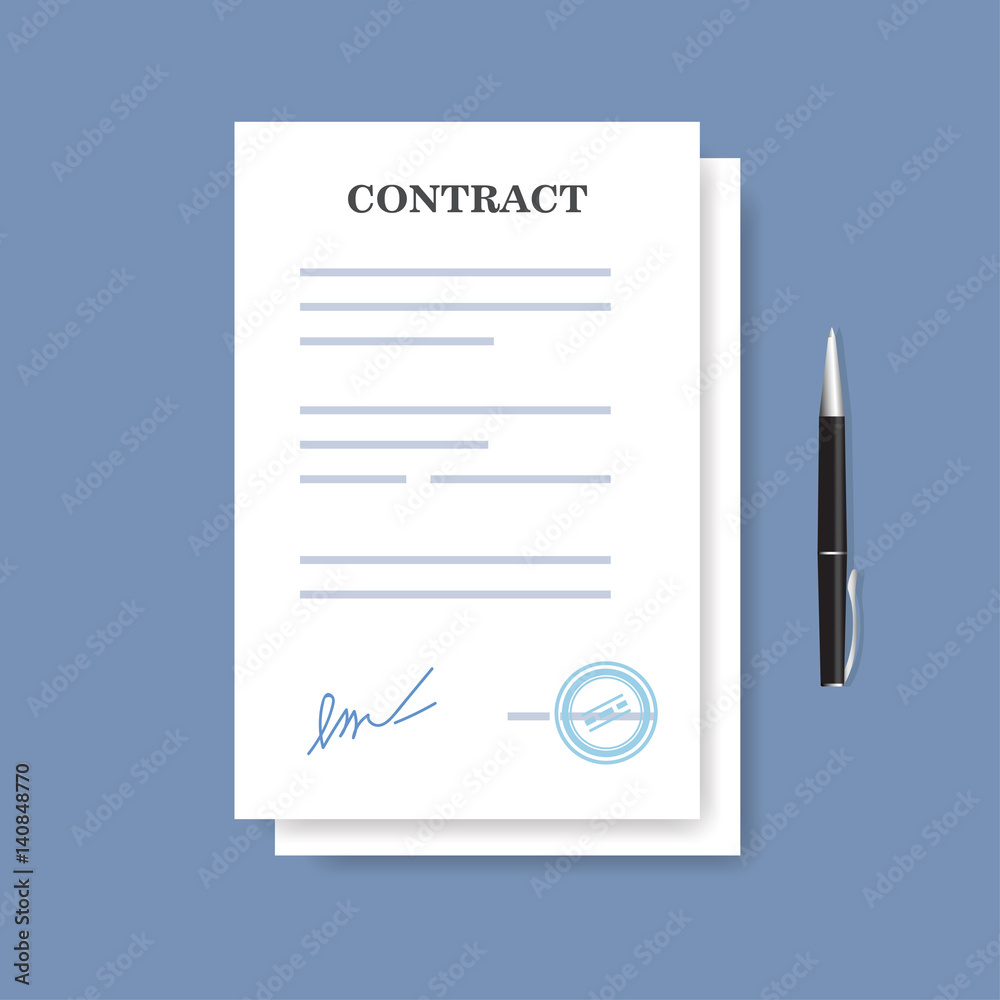 Signed paper deal contract icon. Agreement and pen isolated on the blue background. Signed paper deal contract icon. Agreement and pen isolated on the blue background.