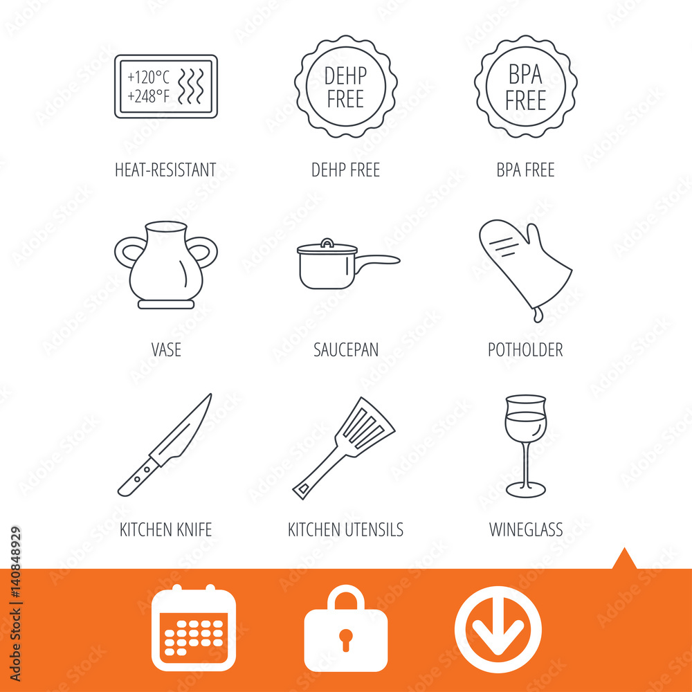 Fototapeta premium Saucepan, potholder and wineglass icons. Kitchen knife, utensils and vase linear signs. Heat-resistant, BPA, DEHP free icons. Download arrow, locker and calendar web icons. Vector