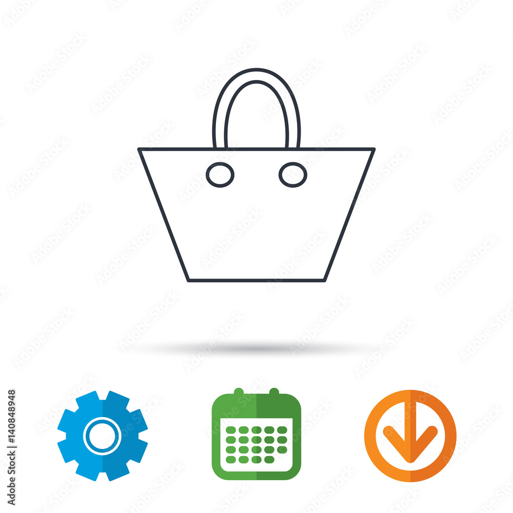 Ladies handbag icon. Elegance women accessory sign. Calendar, cogwheel and download arrow signs. Colored flat web icons. Vector Ladies handbag icon. Elegance women accessory sign. Calendar, cogwheel and download arrow signs. Colored flat web icons. Vector