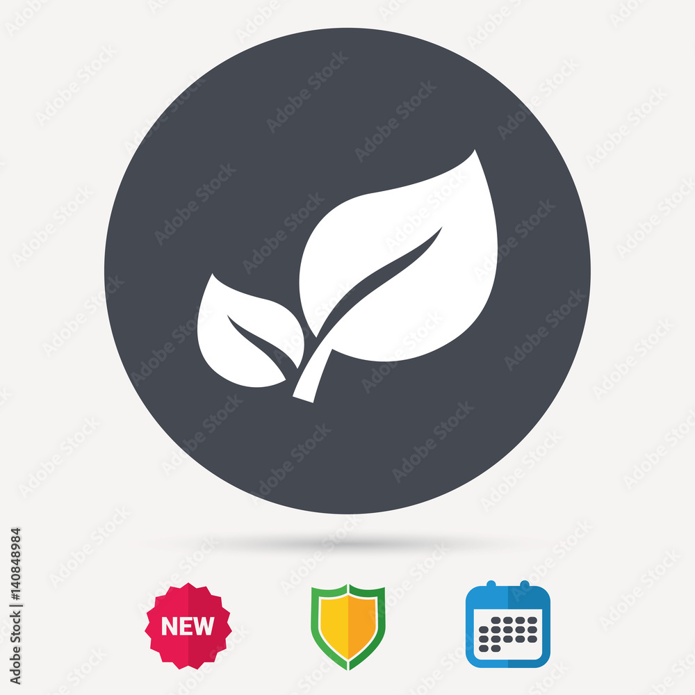 Leaf icon. Fresh organic product symbol. Calendar, shield protection and new tag signs. Colored flat web icons. Vector Leaf icon. Fresh organic product symbol. Calendar, shield protection and new tag signs. Colored flat web icons. Vector