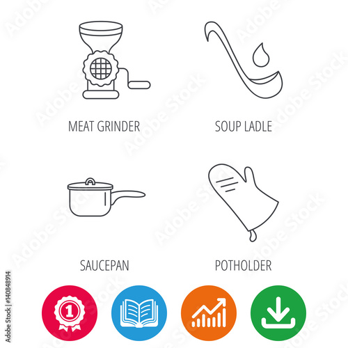 Soup ladle, potholder and kitchen utensils icons. Meat grinder and saucepan linear signs. Award medal, growth chart and opened book web icons. Download arrow. Vector