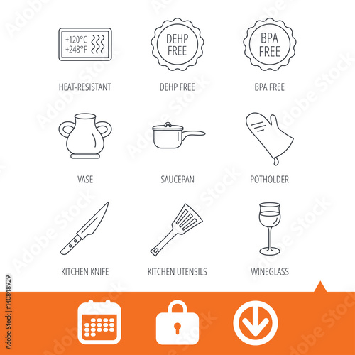 Saucepan, potholder and wineglass icons. Kitchen knife, utensils and vase linear signs. Heat-resistant, BPA, DEHP free icons. Download arrow, locker and calendar web icons. Vector