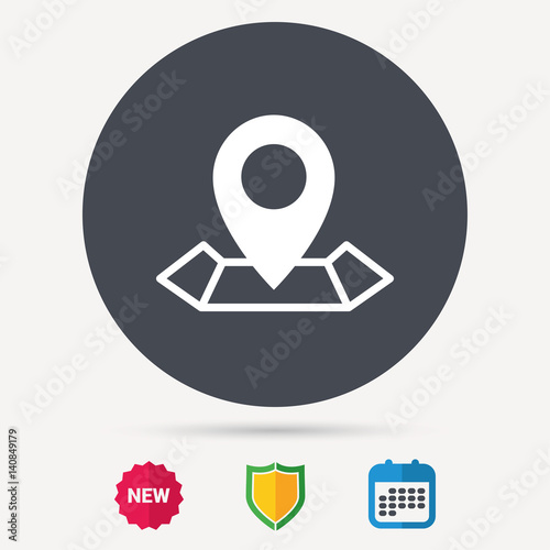 Location icon. Map pointer symbol. Calendar, shield protection and new tag signs. Colored flat web icons. Vector