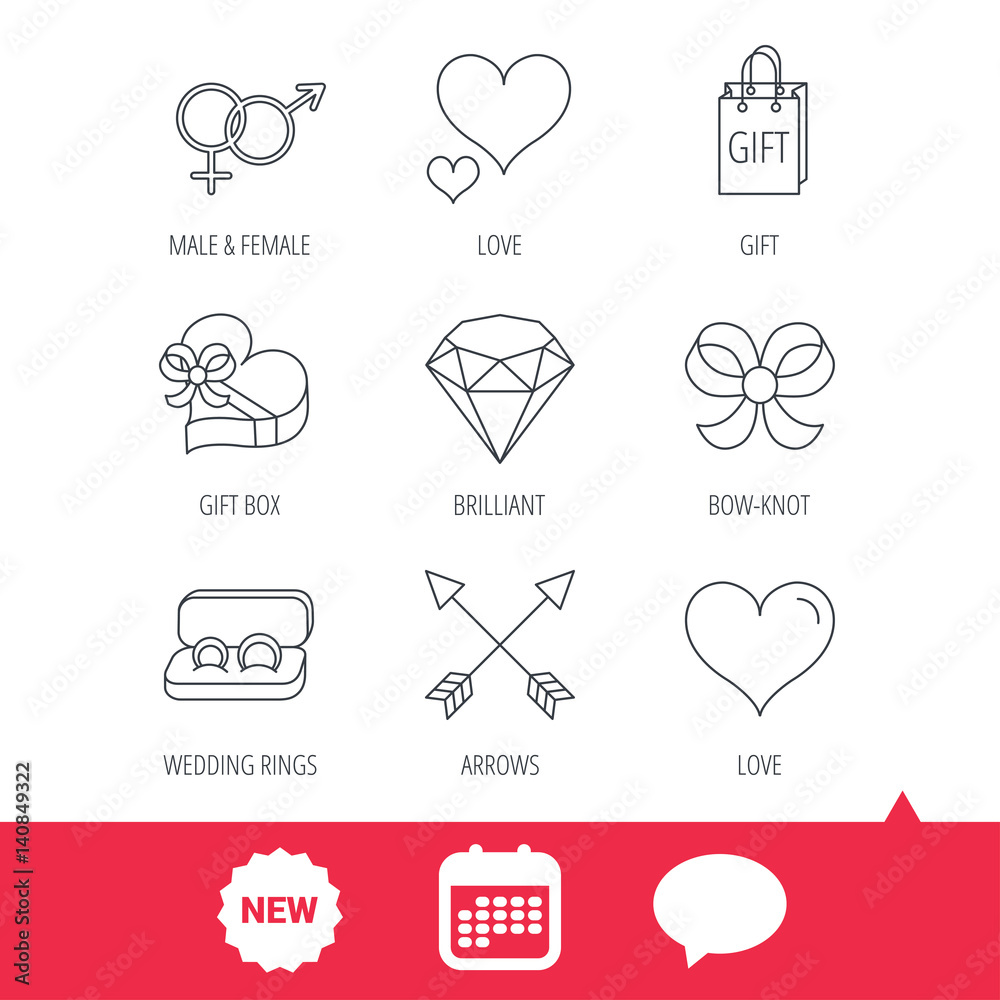 Love heart, gift box and wedding rings icons. Bow and engagement linear signs. Valentine amour arrows, brilliant flat line icons. New tag, speech bubble and calendar web icons. Vector