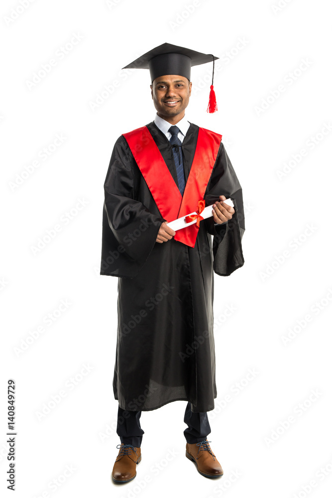 Male african american graduate in gown and cap Male african american graduate in gown and cap