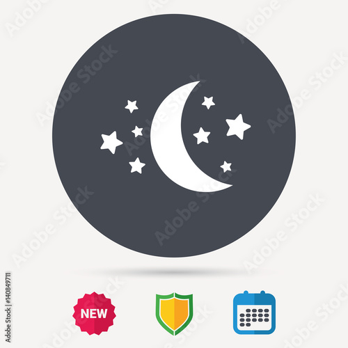 Moon and stars icon. Night sleep symbol. Calendar, shield protection and new tag signs. Colored flat web icons. Vector © tanyastock