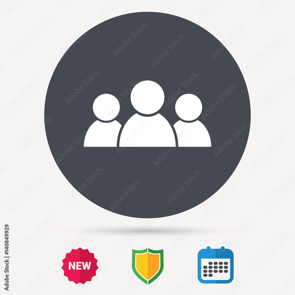 People icon. Group of humans sign. Team work symbol. Calendar, shield protection and new tag signs. Colored flat web icons. Vector People icon. Group of humans sign. Team work symbol. Calendar, shield protection and new tag signs. Colored flat web icons. Vector