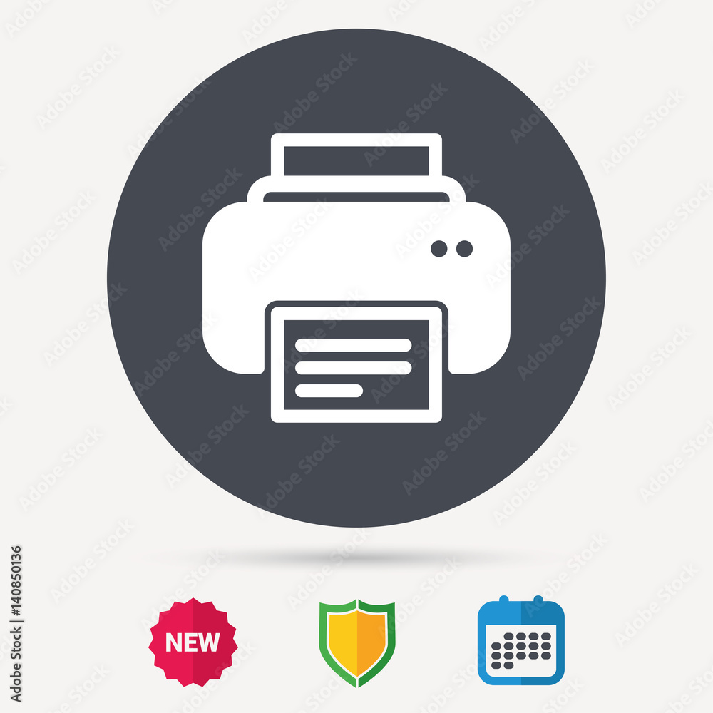 Printer icon. Print documents technology symbol. Calendar, shield protection and new tag signs. Colored flat web icons. Vector Printer icon. Print documents technology symbol. Calendar, shield protection and new tag signs. Colored flat web icons. Vector