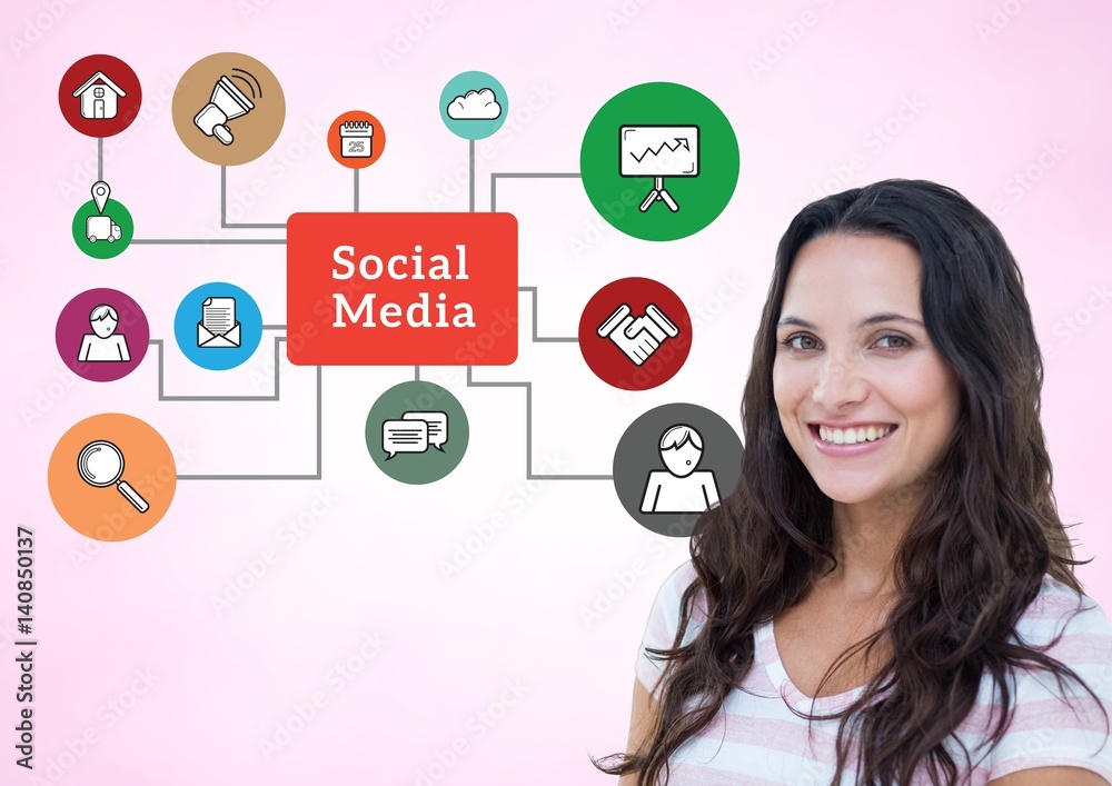 Φωτογραφία Portrait of smiling woman with social media icon on background