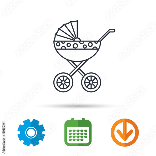 Pram icon. Newborn stroller sign. Child buggy transportation symbol. Calendar, cogwheel and download arrow signs. Colored flat web icons. Vector