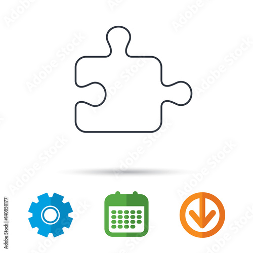 Puzzle icon. Jigsaw logical game sign. Boardgame piece symbol. Calendar, cogwheel and download arrow signs. Colored flat web icons. Vector