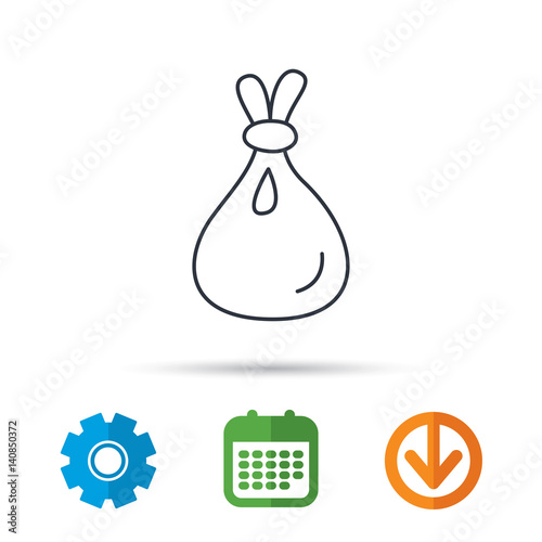 Burlap sack icon. Textile bag sign symbol. Calendar, cogwheel and download arrow signs. Colored flat web icons. Vector