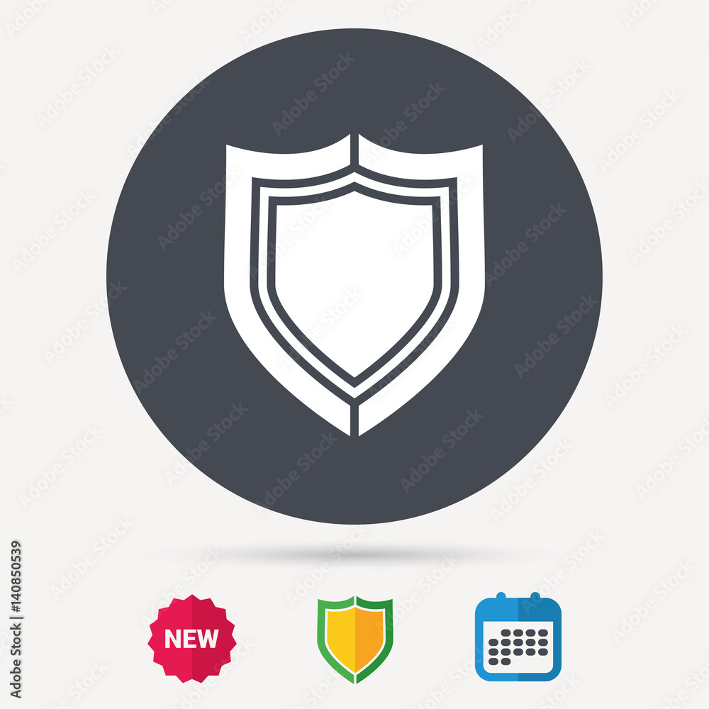 Shield protection icon. Defense equipment symbol. Calendar, shield protection and new tag signs. Colored flat web icons. Vector Shield protection icon. Defense equipment symbol. Calendar, shield protection and new tag signs. Colored flat web icons. Vector
