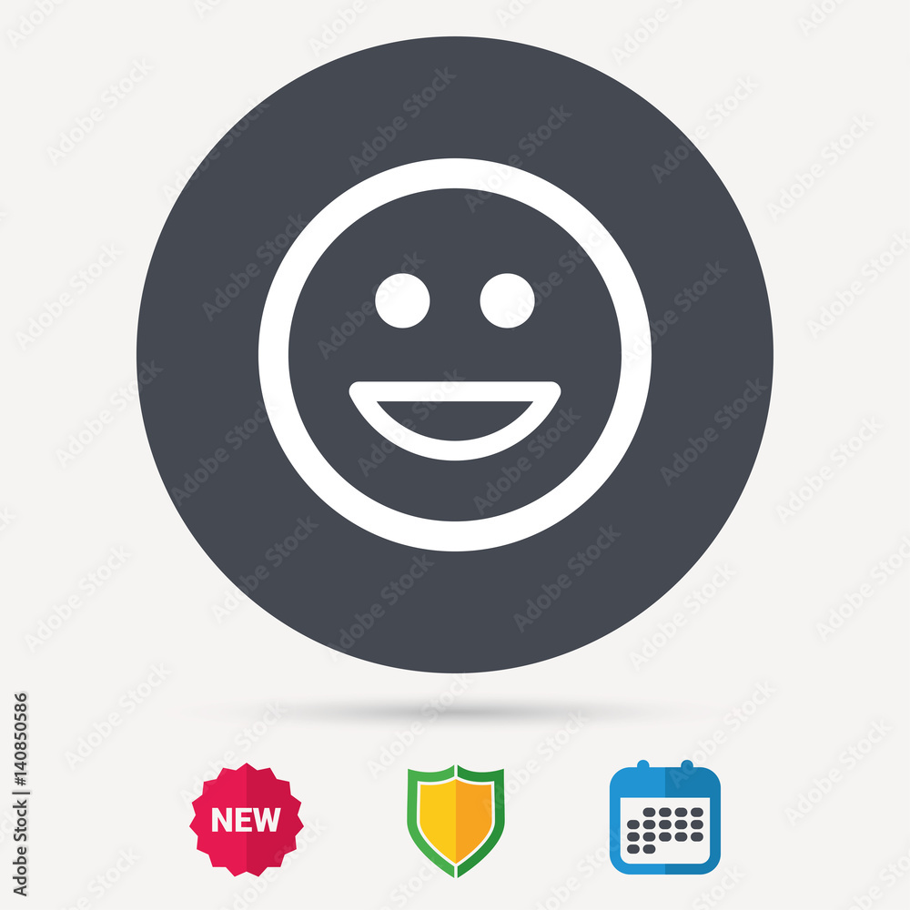 Happy smile icon. Smiley laugh emoticon symbol. Calendar, shield protection and new tag signs. Colored flat web icons. Vector Happy smile icon. Smiley laugh emoticon symbol. Calendar, shield protection and new tag signs. Colored flat web icons. Vector