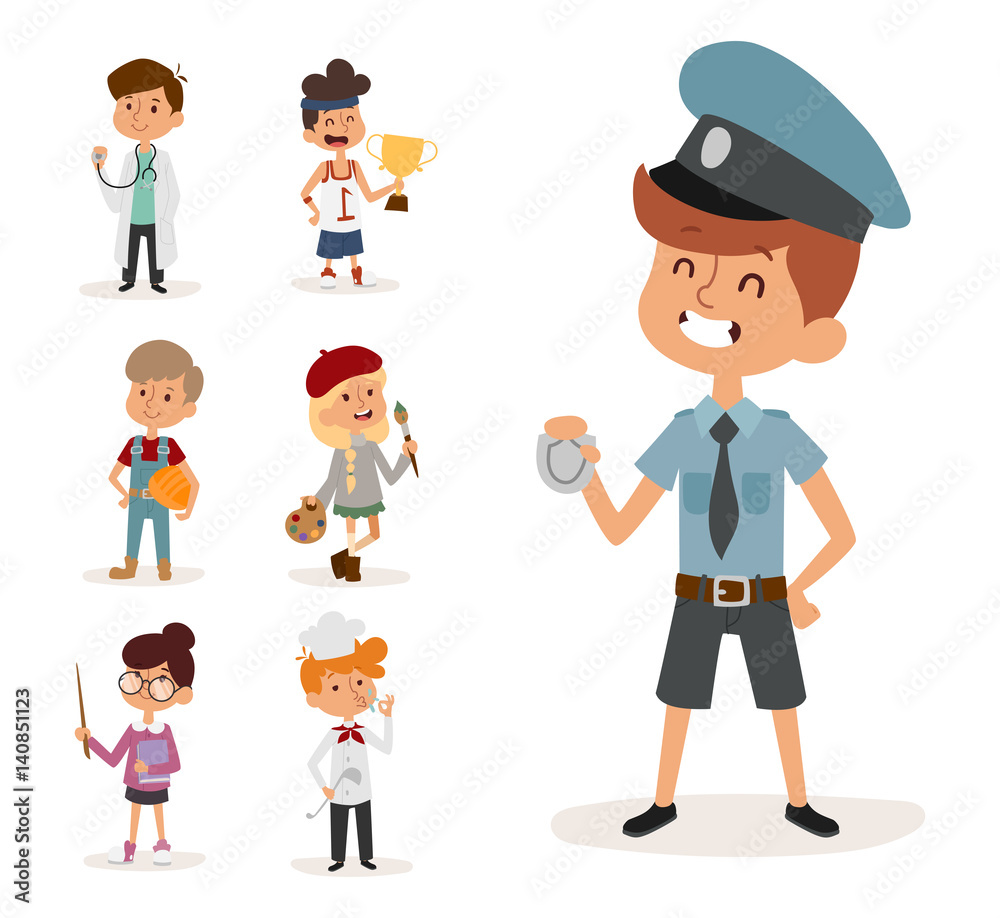 cartoon profession kids children vector set illustration person childhood painter sportsman chef builder policeman doctor artist driver businessman