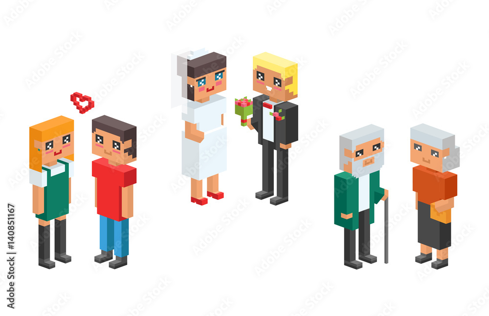3d isometric family couple children kids people concept flat icons flirting love first date wedding parenting together vector square illustration man woman