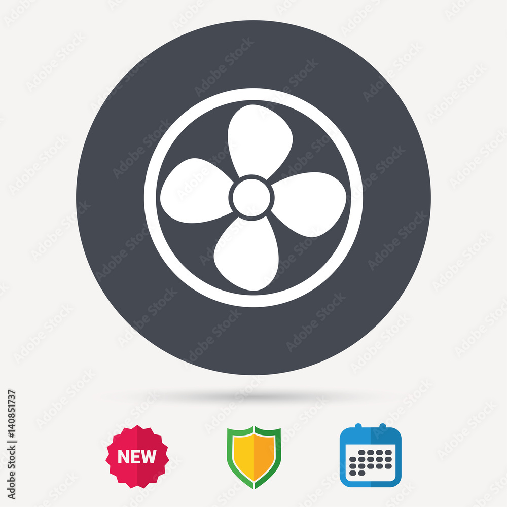 Ventilation icon. Air ventilator or fan symbol. Calendar, shield protection and new tag signs. Colored flat web icons. Vector Ventilation icon. Air ventilator or fan symbol. Calendar, shield protection and new tag signs. Colored flat web icons. Vector