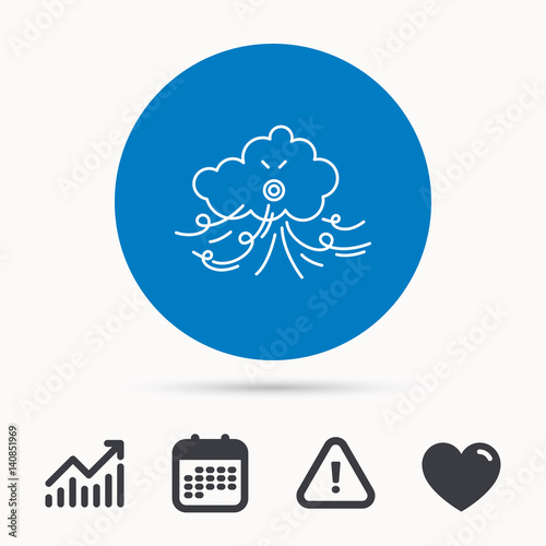 Wind icon. Cloud with storm sign. Strong wind or tempest symbol. Calendar, attention sign and growth chart. Button with web icon. Vector
