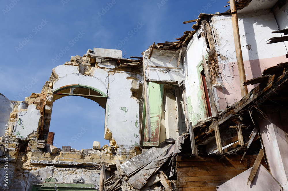 Fototapeta premium Abandoned ruined medieval building with blue sky,Odessa,Ukraine