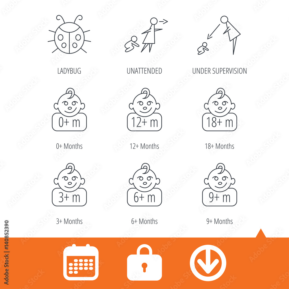 Infant child, ladybug and toddler baby icons. 0-18 months child linear signs. Unattended, parents supervision icons. Download arrow, locker and calendar web icons. Vector