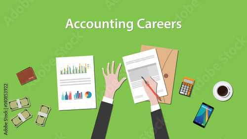 Accounting careers illustration with a man writing on paperwork with money, calculator and folder document on top of table