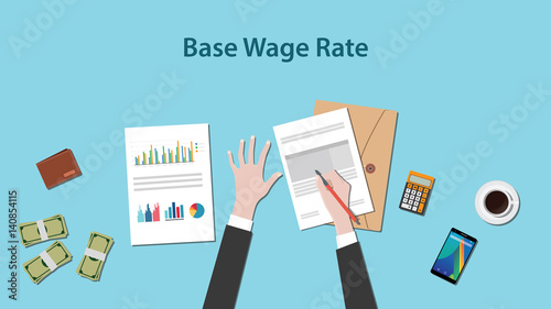 Illustration of base wage rate with a man writing on a paperwork with money and calculator on top of table