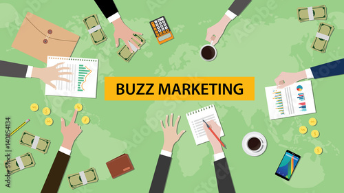 illustration of buzz marketing discussion in a meeting with paperworks, folder document and money on top of table and world map as background