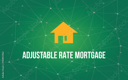 adjustable rate mortgage white text illustration with yellow house silhouette and green constellation as background