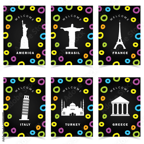 poster with famous historic monuments color set illustration