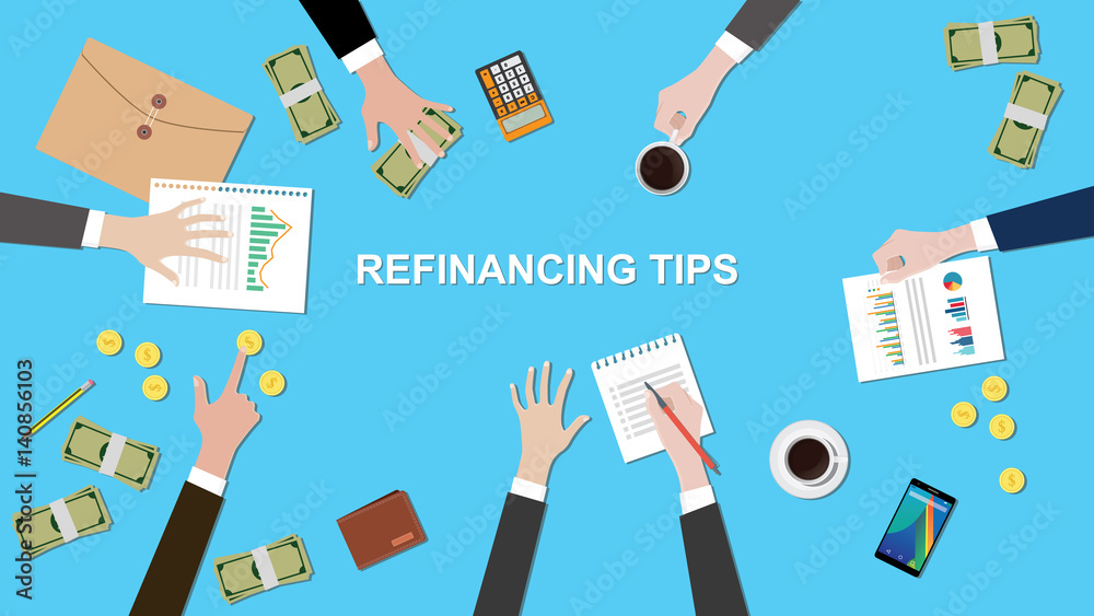 illustration of Refinancing tips discussion situation in a meeting with paperworks, money and coins on top of table
