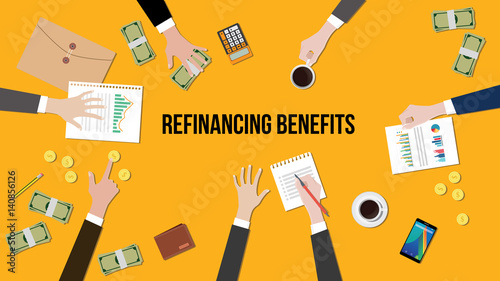 illustration of Refinancing benefits discussion situation in a meeting with paperworks, money and coins on top of table