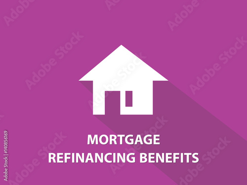 Mortgage refinancing benefits white text illustration with white house silhouette and purple background
